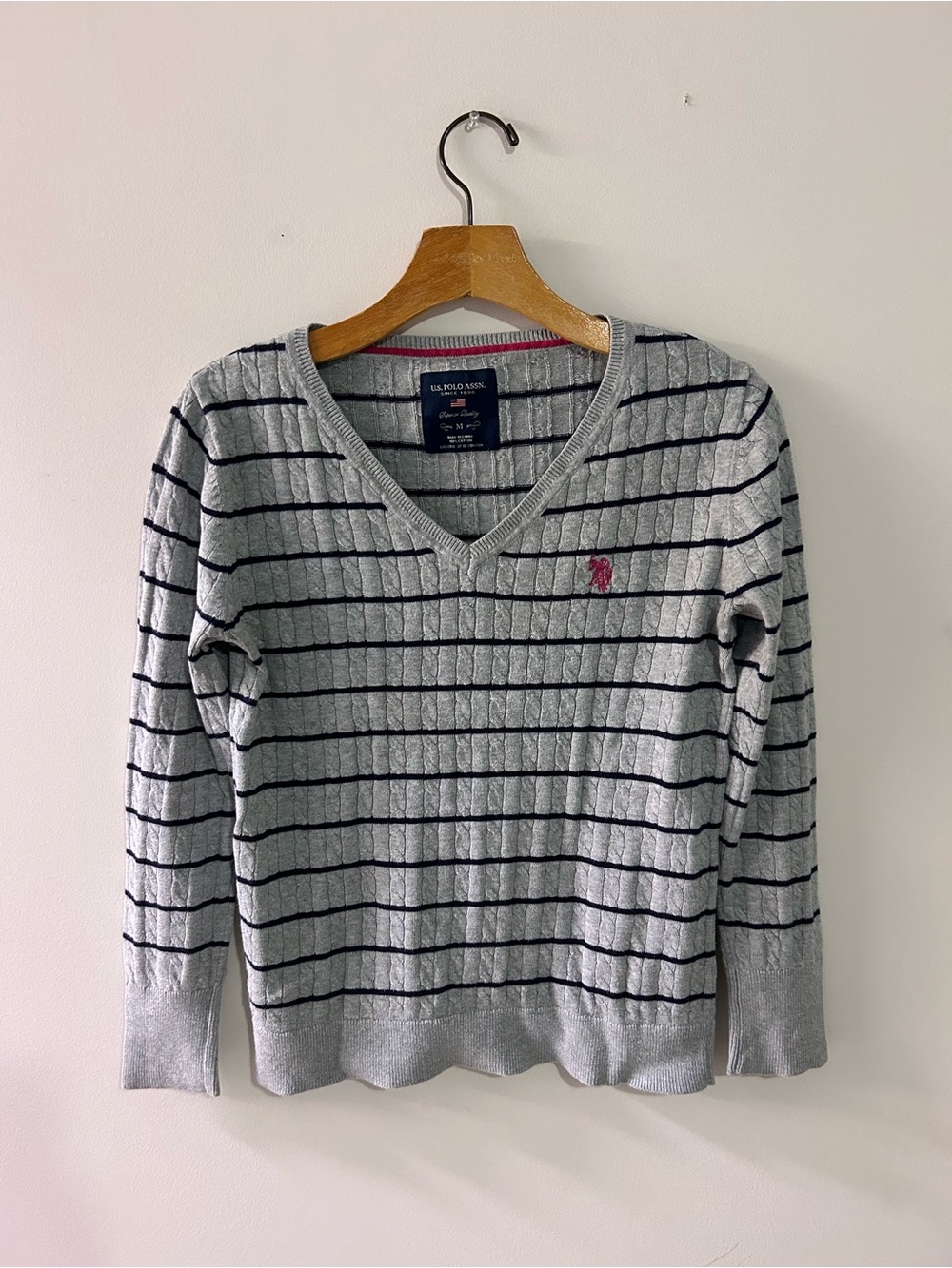 Polo by Ralph Lauren Gray Striped V-Neck Sweater with Pink Pony